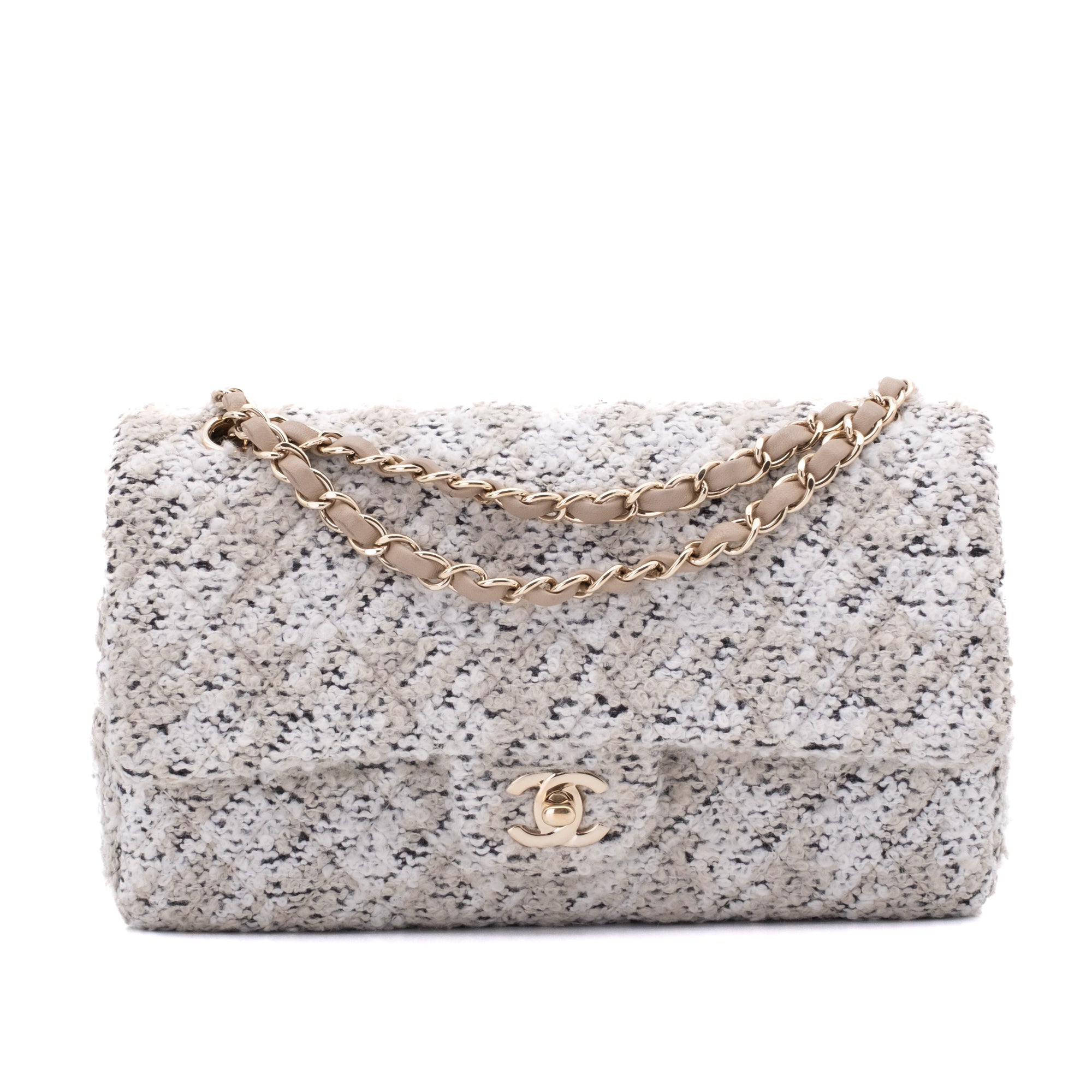 Chanel Classic Double Flap Medium Woll Tweed Creme Beige GHW