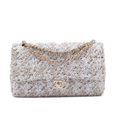 Chanel Classic Double Flap Medium Woll Tweed Creme Beige GHW
