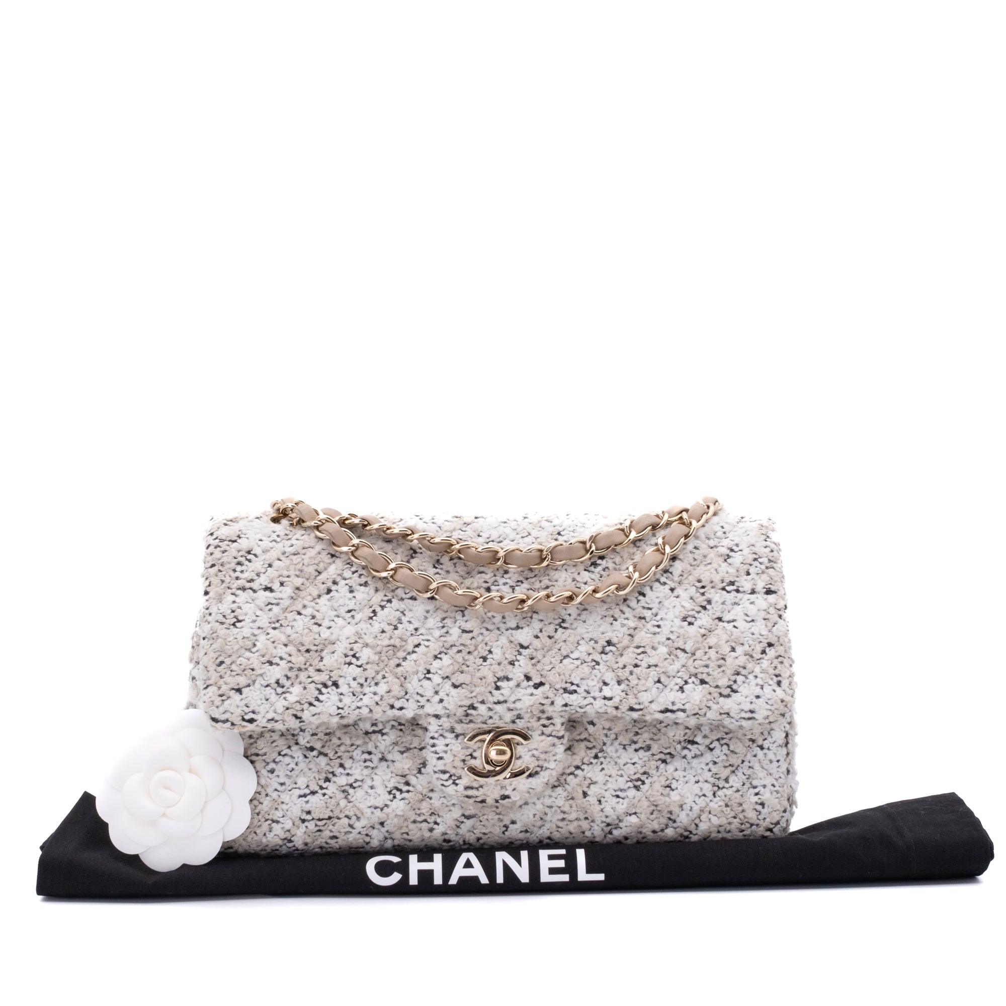 Chanel Classic Double Flap Medium Woll Tweed Creme Beige GHW