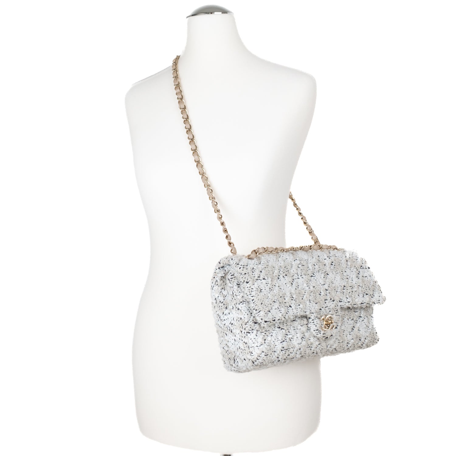Chanel Classic Double Flap Medium Woll Tweed Creme Beige GHW