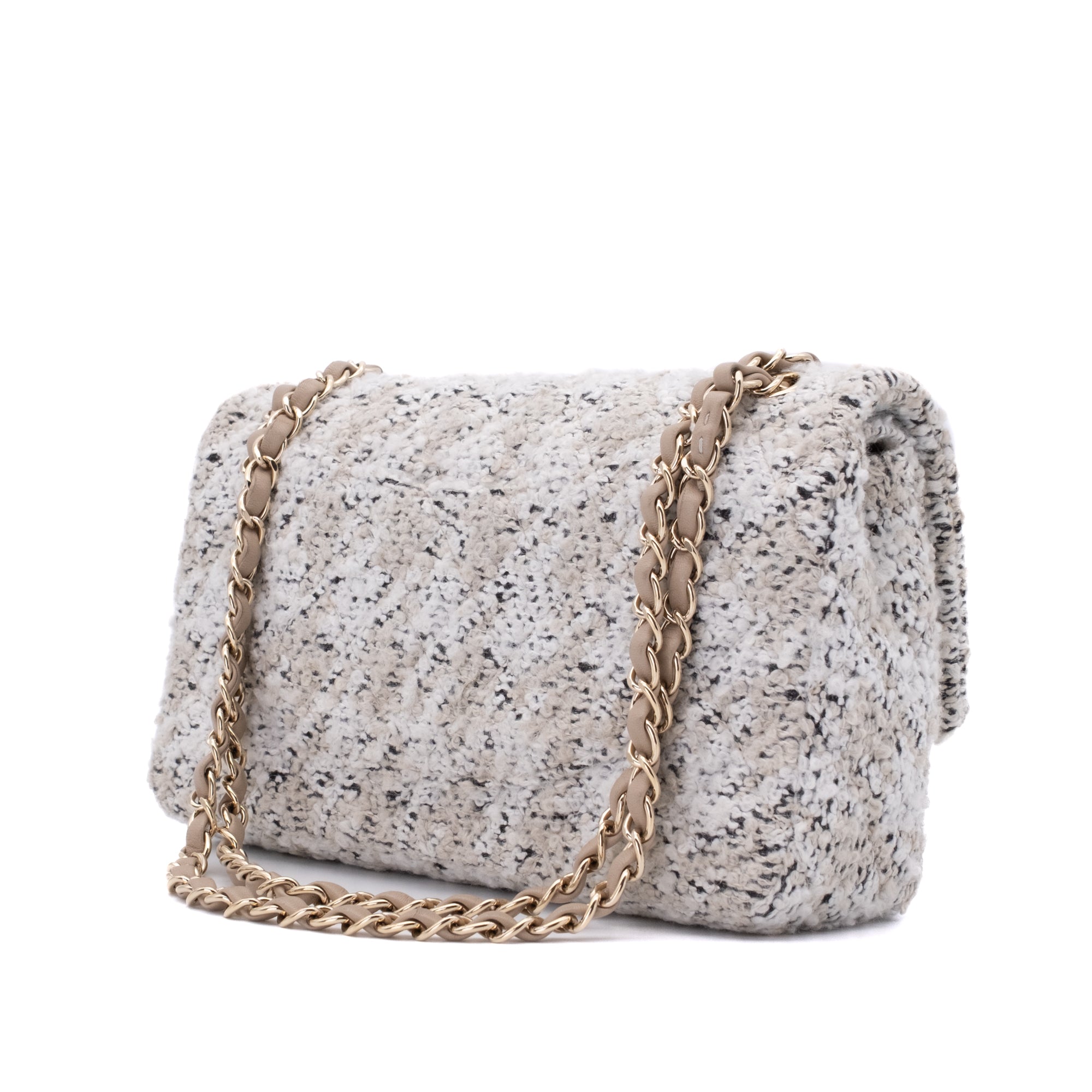 Chanel Classic Double Flap Medium Woll Tweed Creme Beige GHW