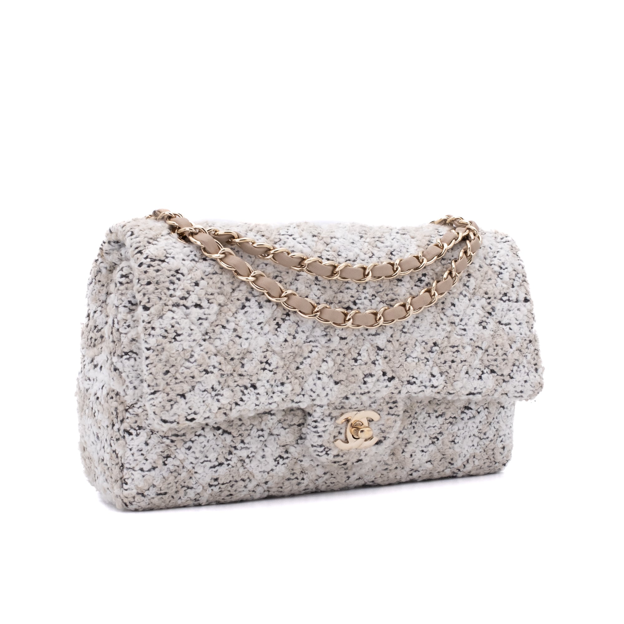 Chanel Classic Double Flap Medium Woll Tweed Creme Beige GHW