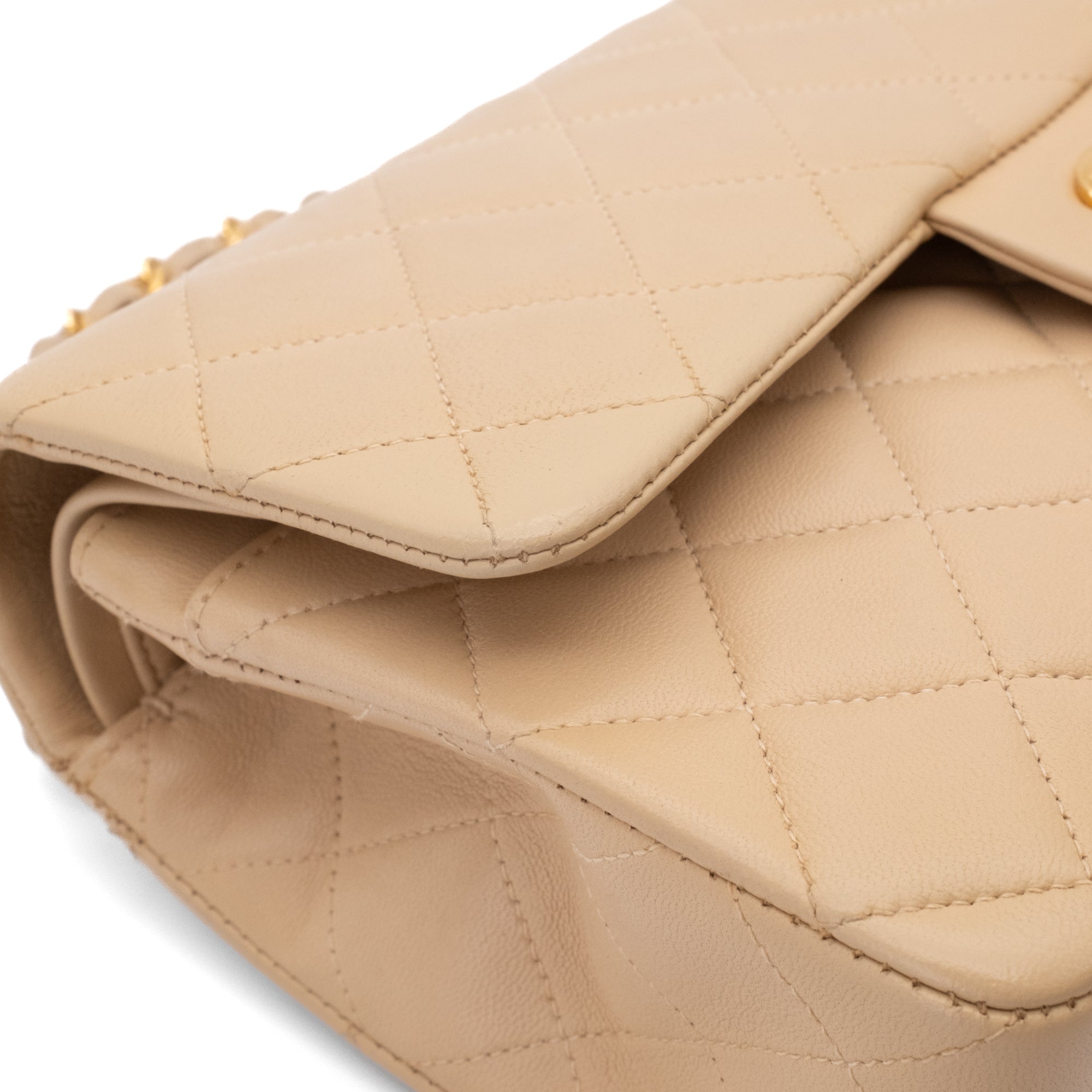 KEEP Chanel Classic Double Flag Bag Small Beige Lambskin GHW