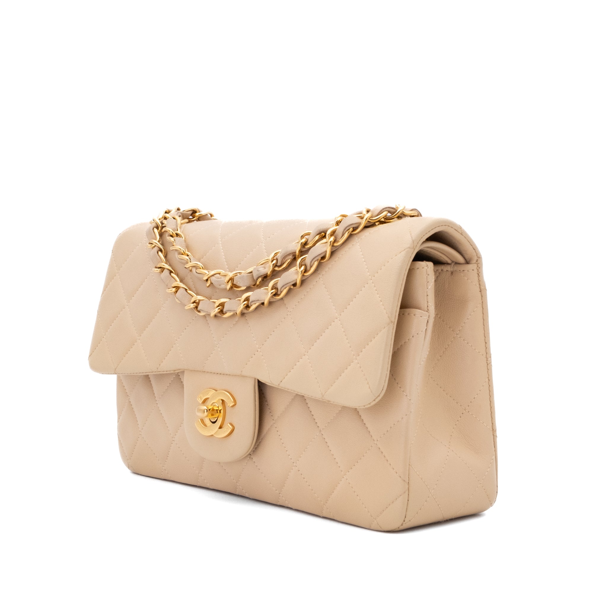 KEEP Chanel Classic Double Flag Bag Small Beige Lambskin GHW