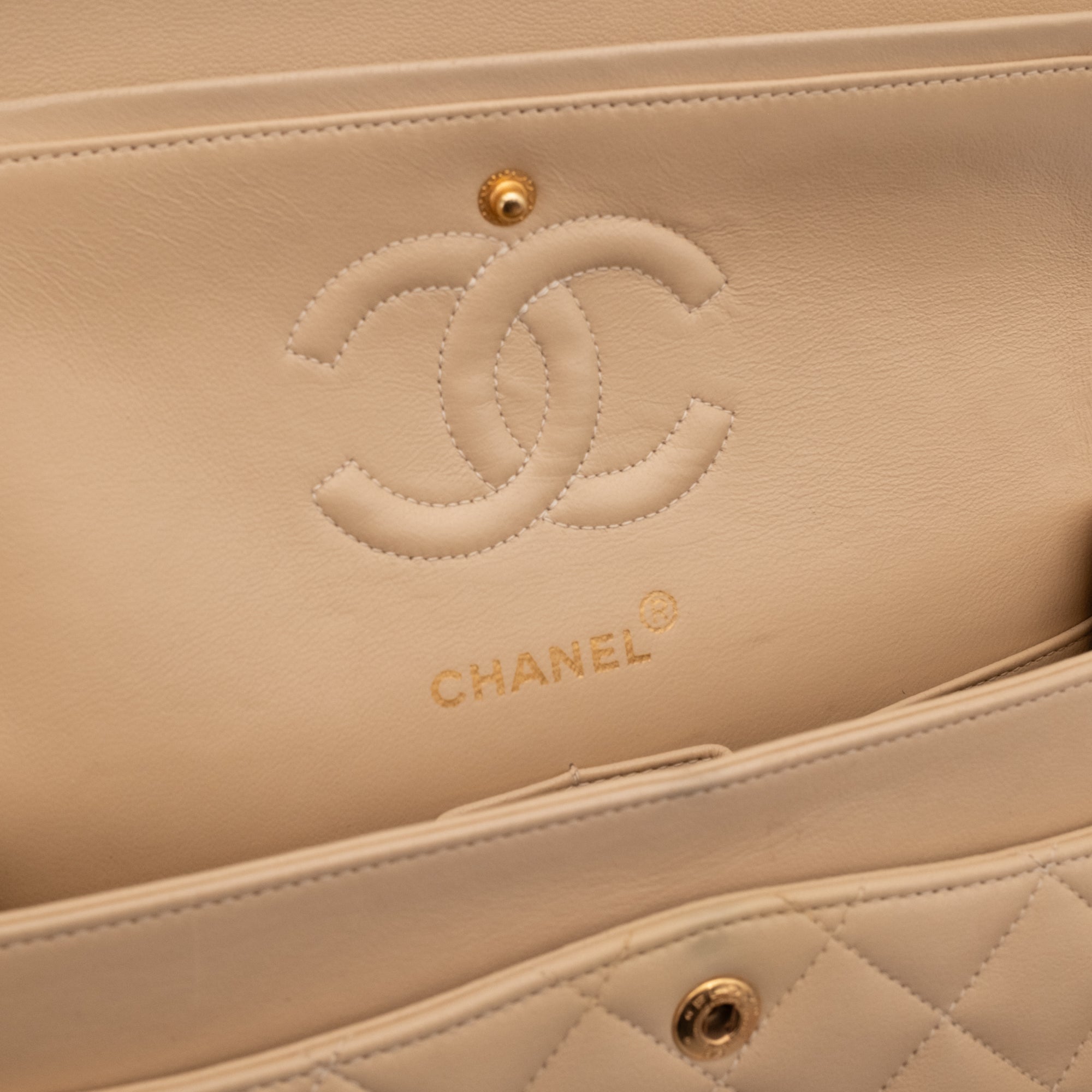KEEP Chanel Classic Double Flag Bag Small Beige Lambskin GHW