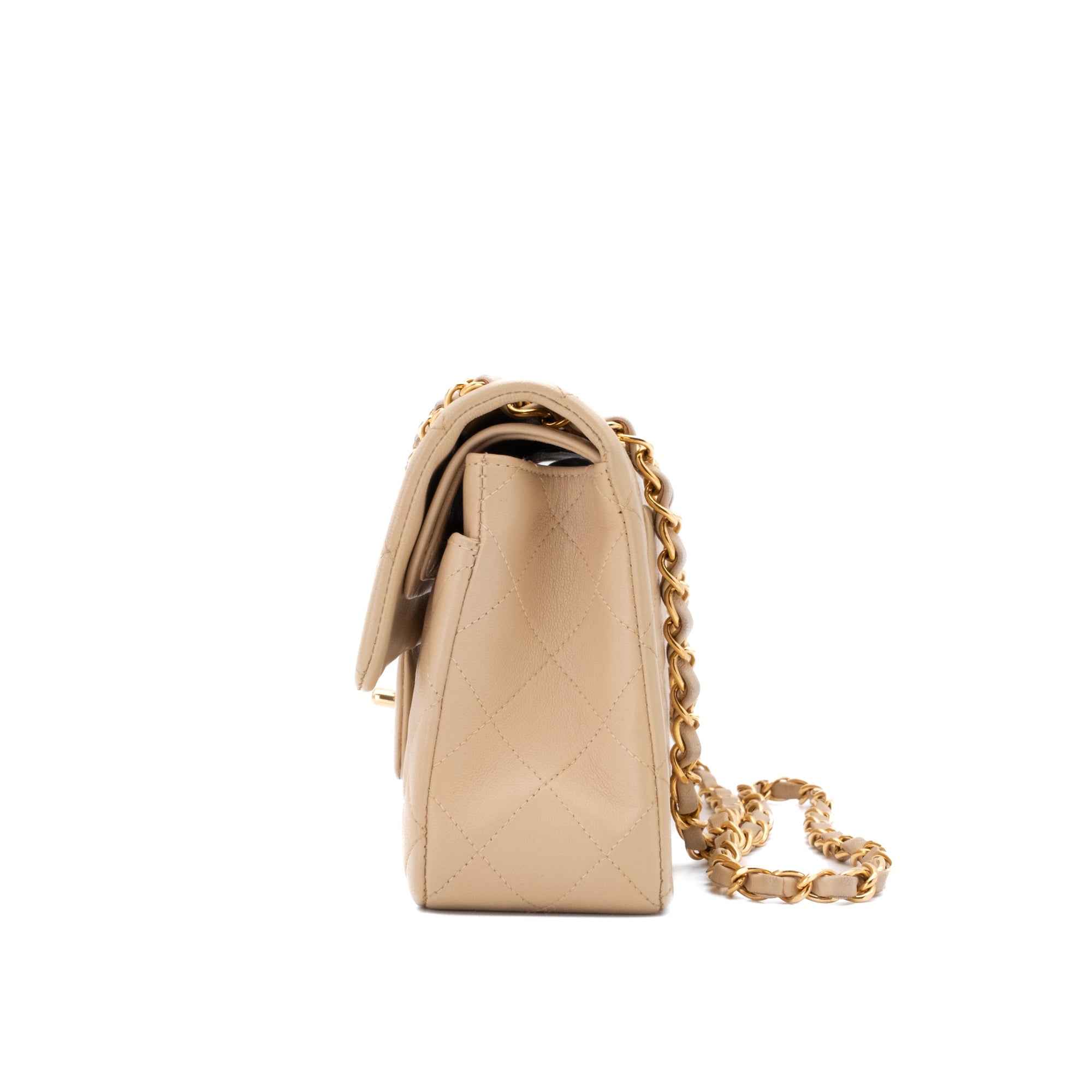 KEEP Chanel Classic Double Flag Bag Small Beige Lambskin GHW
