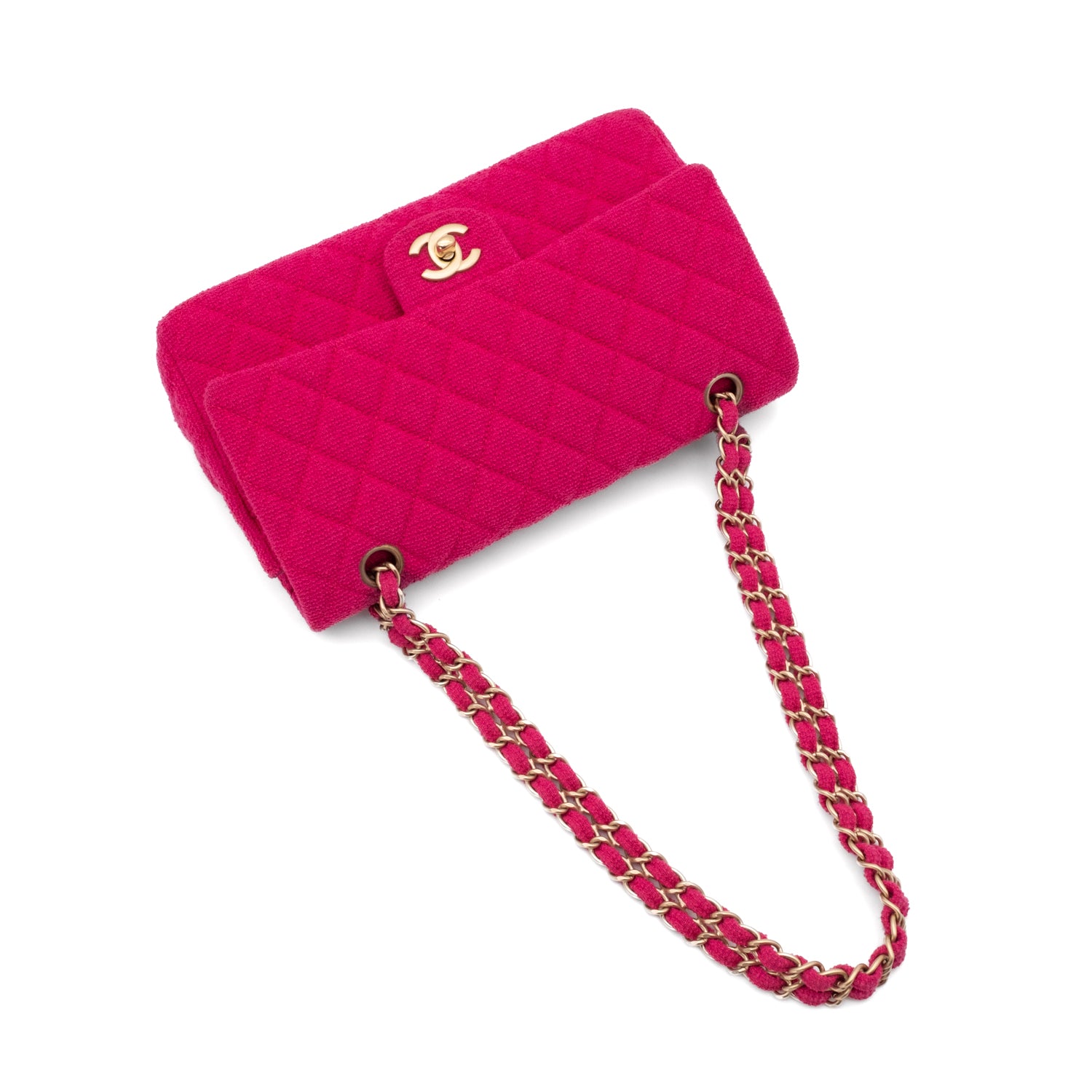 Chanel Classic Double Flap Medium Jersey Tweed Fuchsia Pink GHW