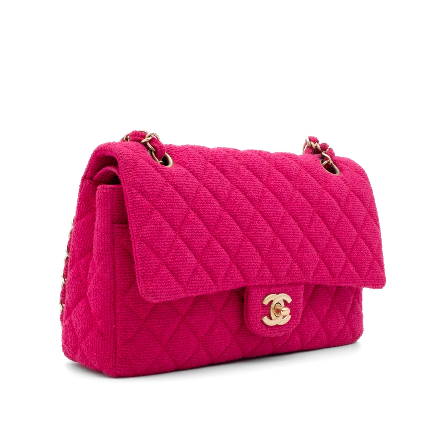 Chanel Classic Double Flap Medium Jersey Tweed Fuchsia Pink GHW