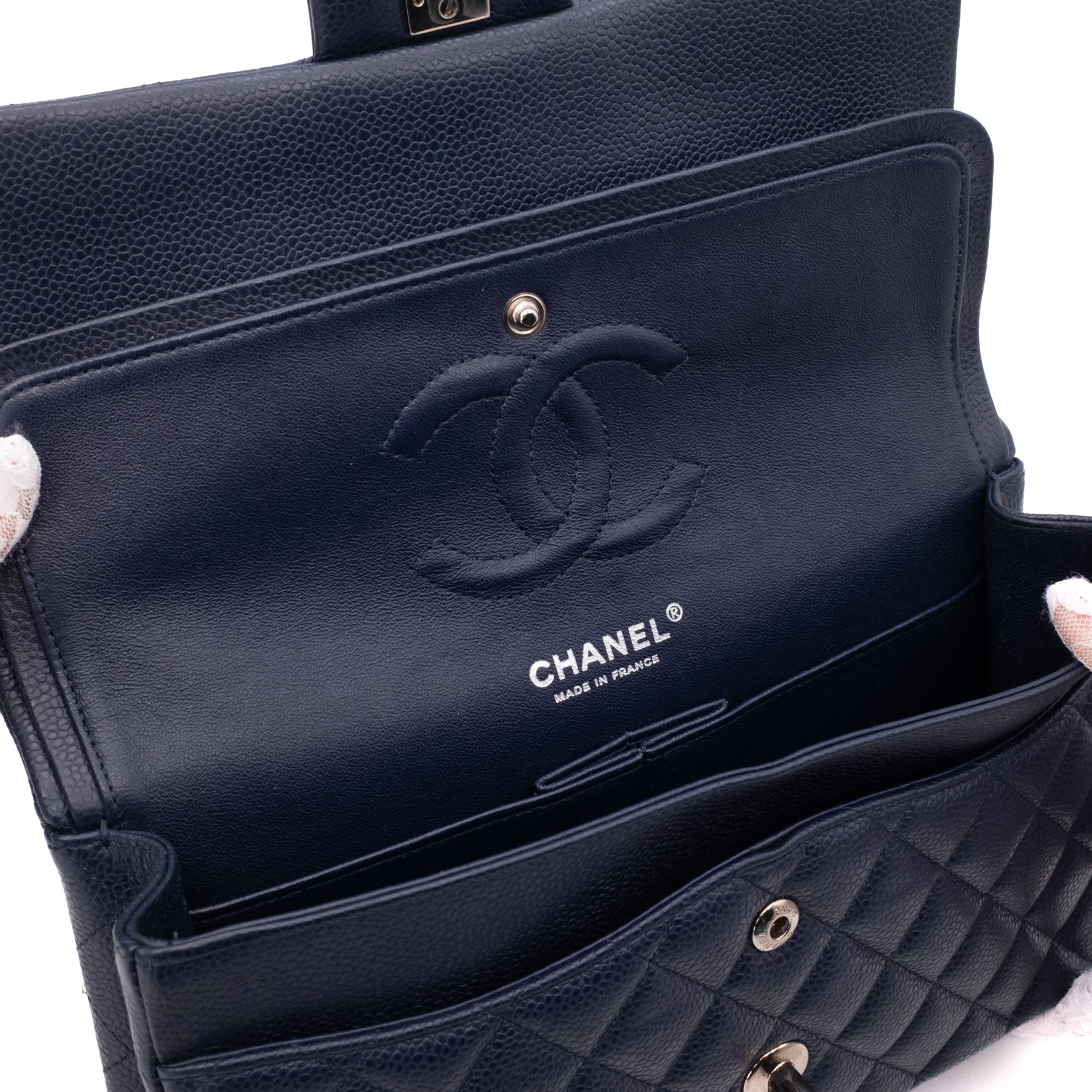 Chanel Classic Double Flap Medium Caviar Leder Dunkelblau PHW