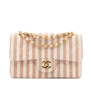 Chanel Classic Double Flap Small Canvas Leinen Beige Creme Streifen GHW