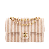 Chanel Classic Double Flap Small Canvas Leinen Beige Creme Streifen GHW