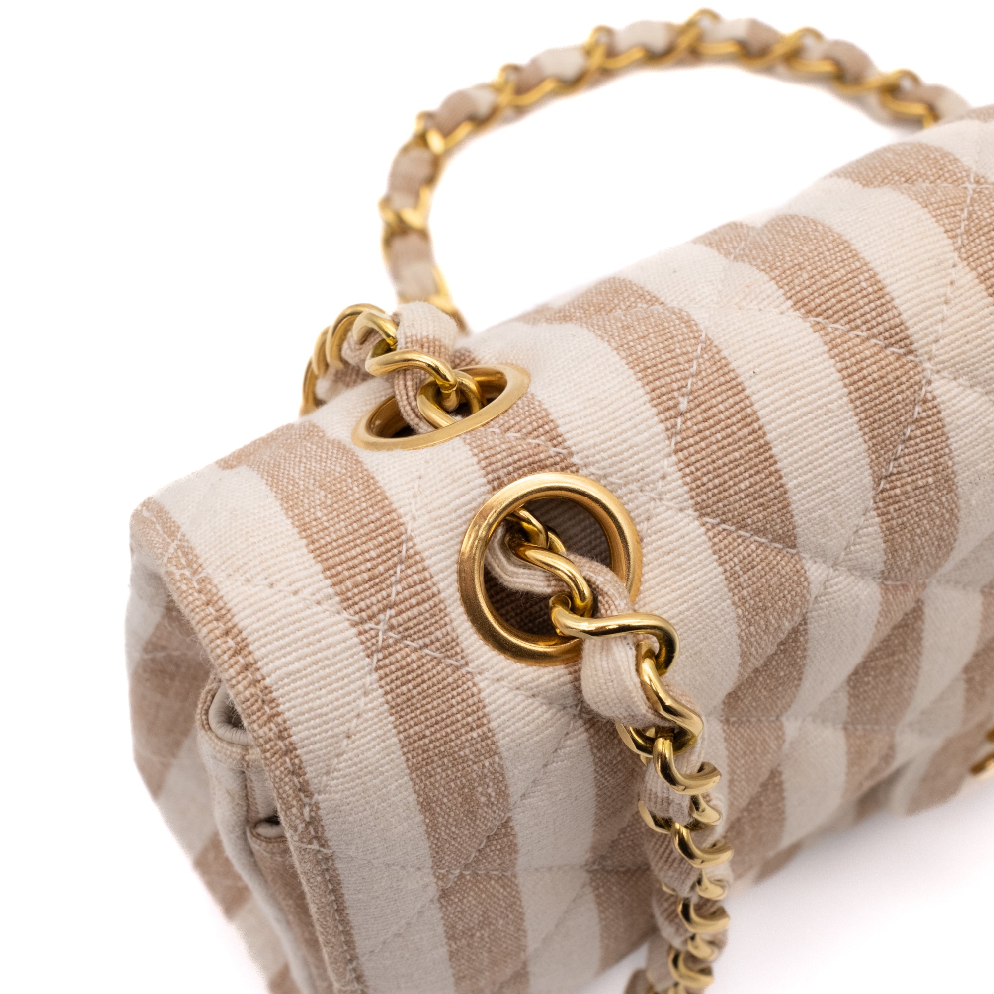 Chanel Classic Double Flap Small Canvas Leinen Beige Creme Streifen GHW