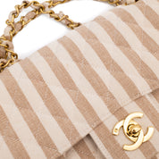 Chanel Classic Double Flap Small Canvas Leinen Beige Creme Streifen GHW