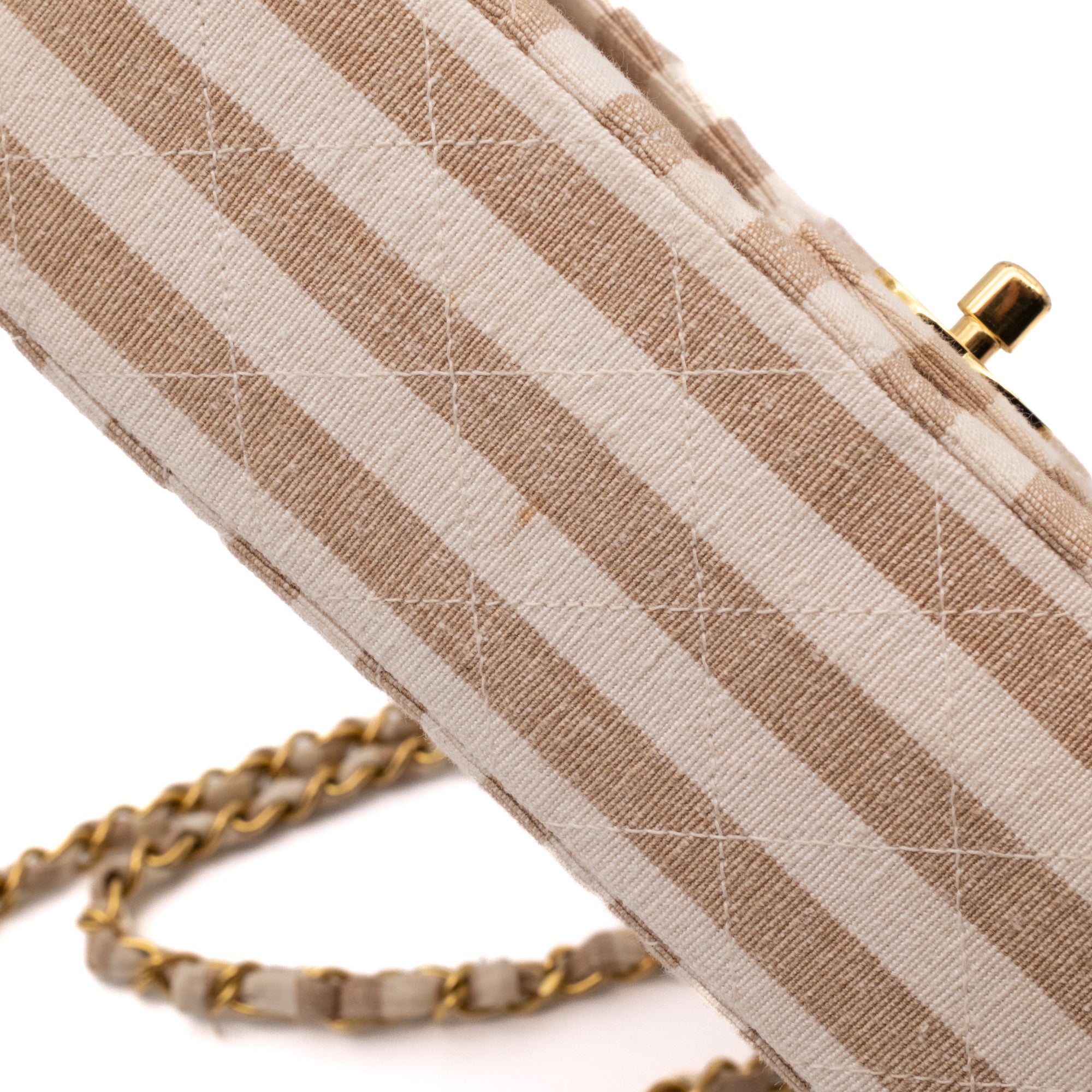 Chanel Classic Double Flap Small Canvas Leinen Beige Creme Streifen GHW