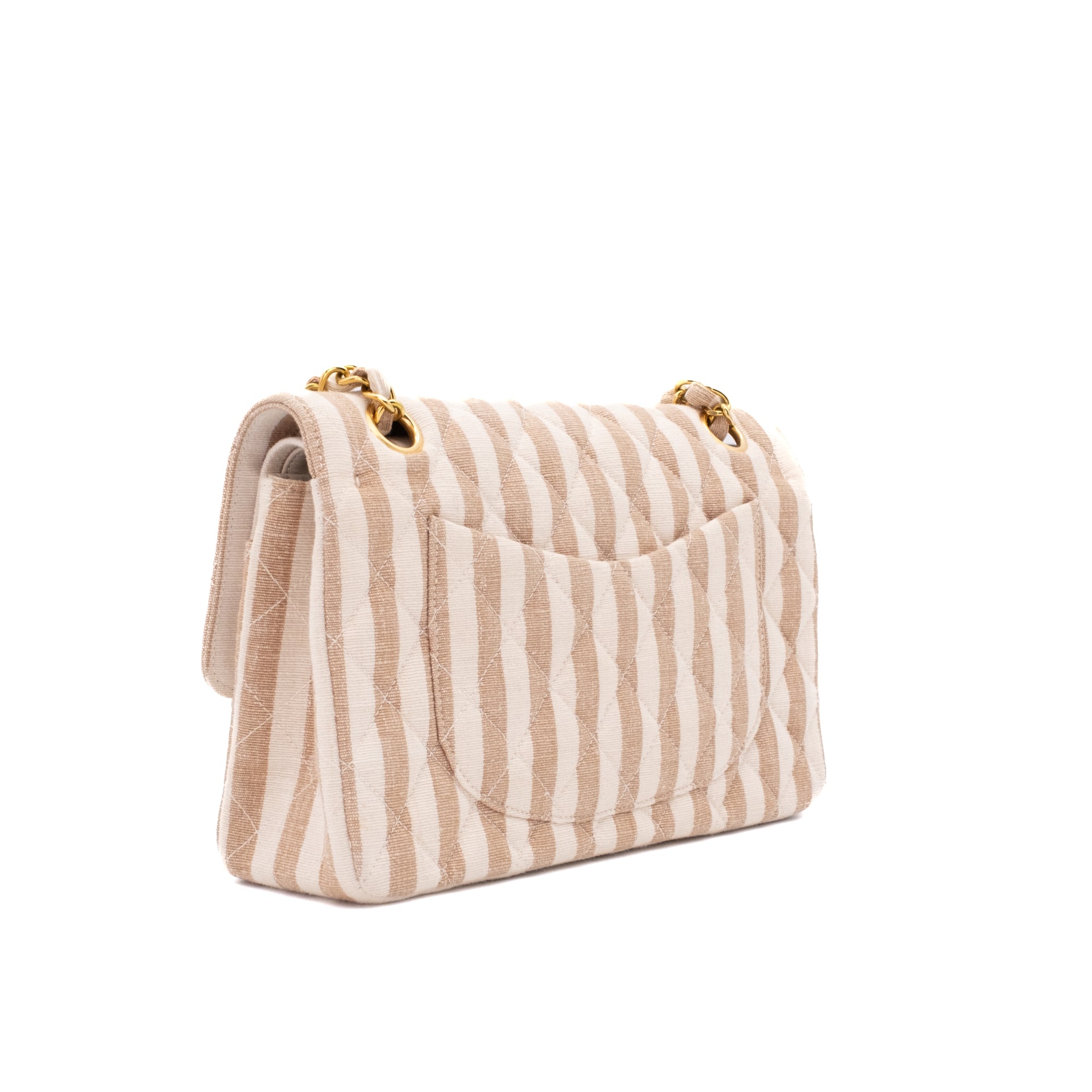 Chanel Classic Double Flap Small Canvas Leinen Beige Creme Streifen GHW