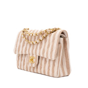 Chanel Classic Double Flap Small Canvas Leinen Beige Creme Streifen GHW