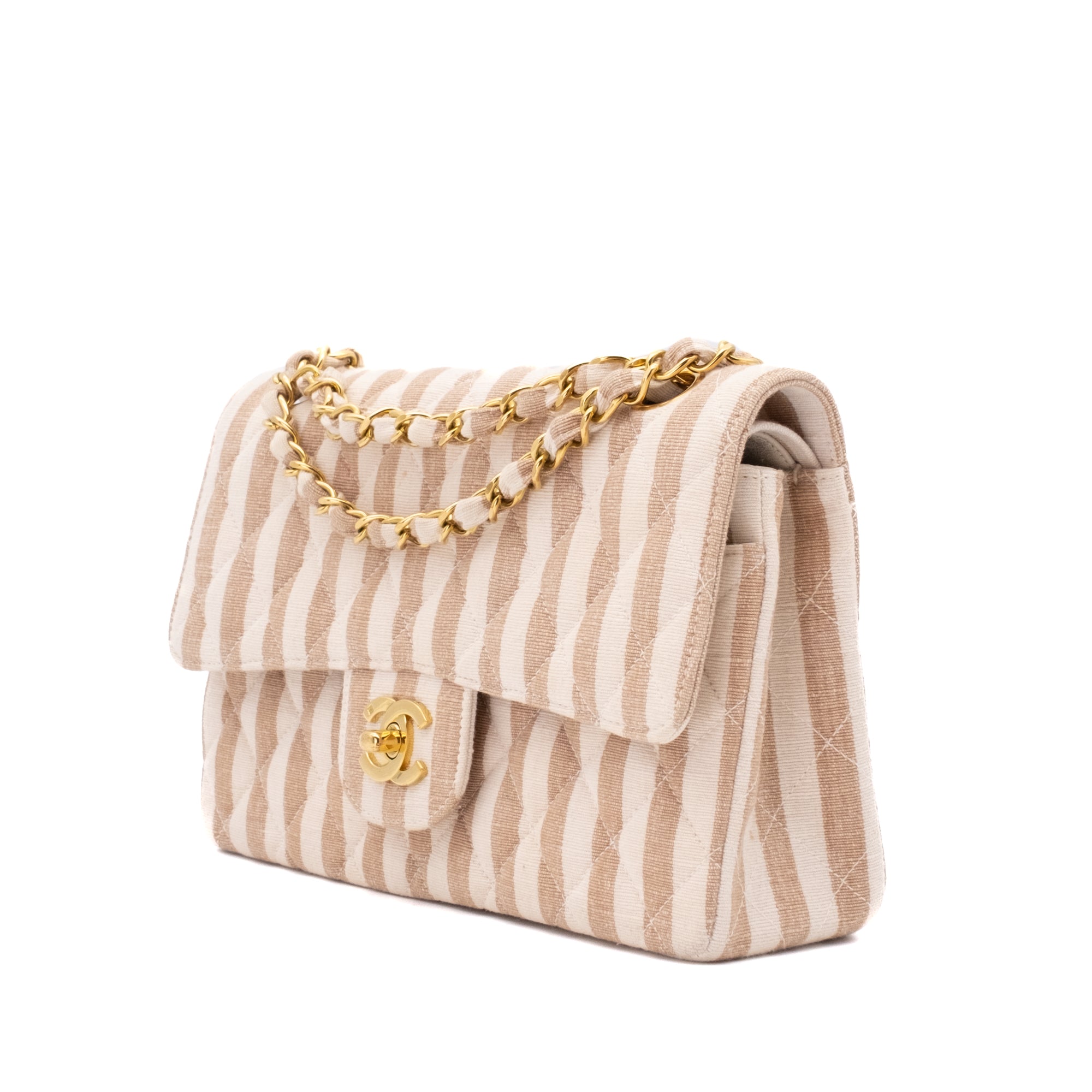 Chanel Classic Double Flap Small Canvas Leinen Beige Creme Streifen GHW