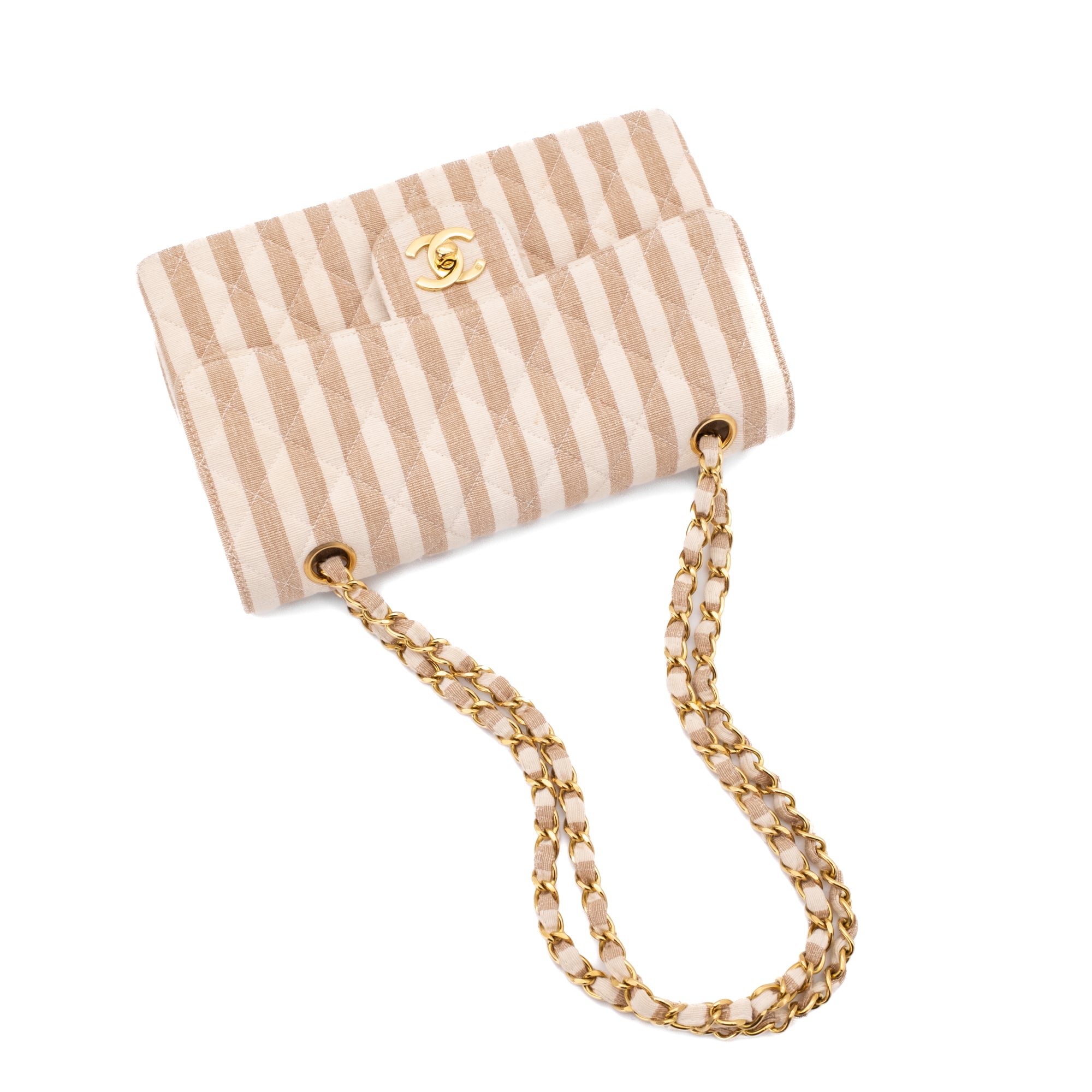 Chanel Classic Double Flap Small Canvas Leinen Beige Creme Streifen GHW