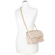 Chanel Classic Double Flap Small Canvas Leinen Beige Creme Streifen GHW