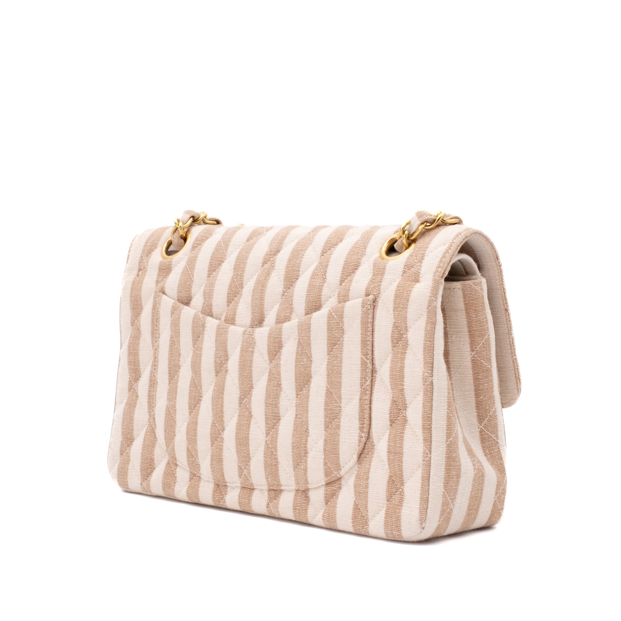 Chanel Classic Double Flap Small Canvas Leinen Beige Creme Streifen GHW