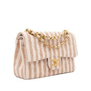 Chanel Classic Double Flap Small Canvas Leinen Beige Creme Streifen GHW