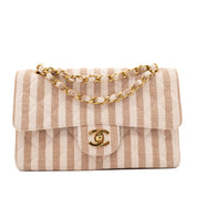 Chanel Classic Double Flap Small Canvas Leinen Beige Creme Streifen GHW