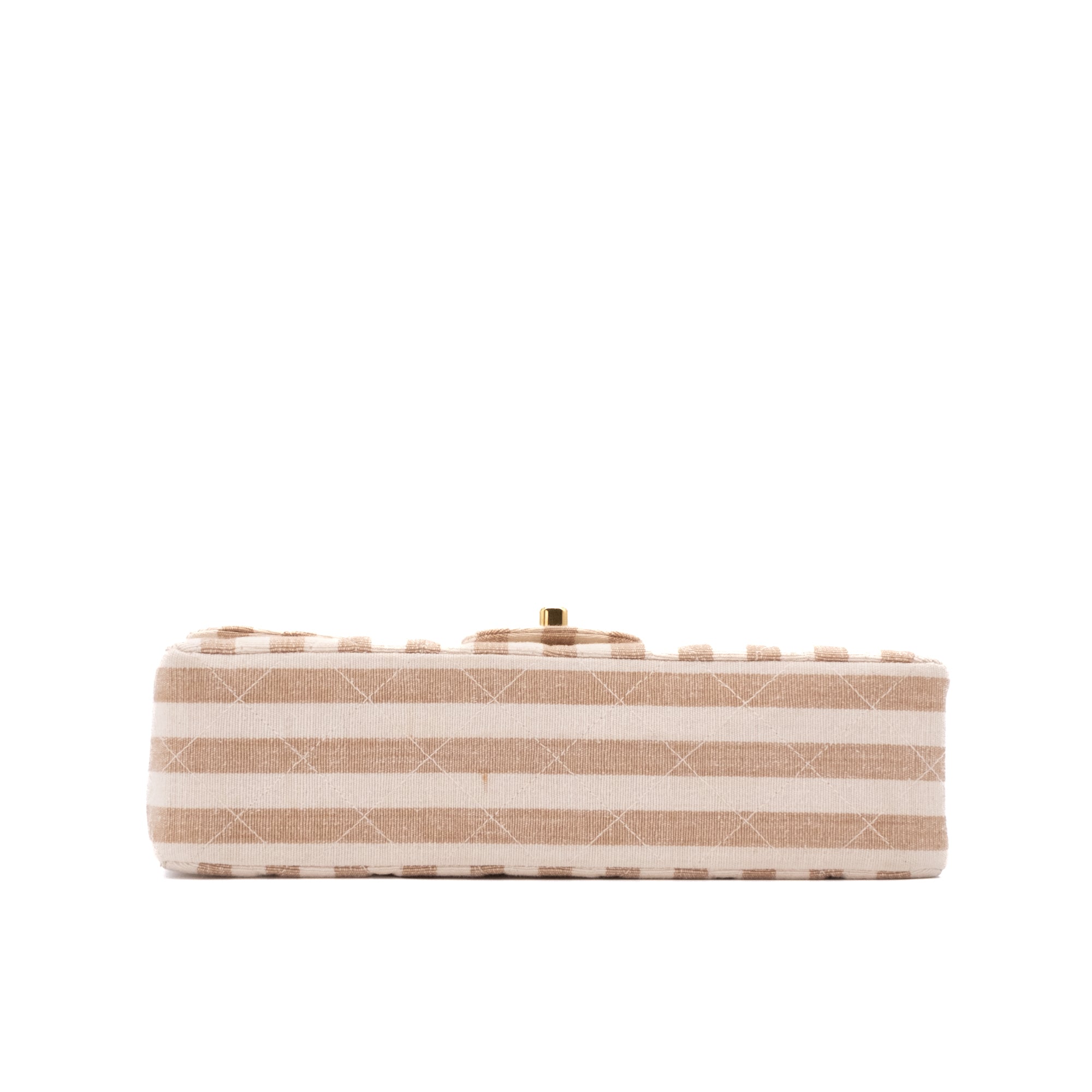 Chanel Classic Double Flap Small Canvas Leinen Beige Creme Streifen GHW