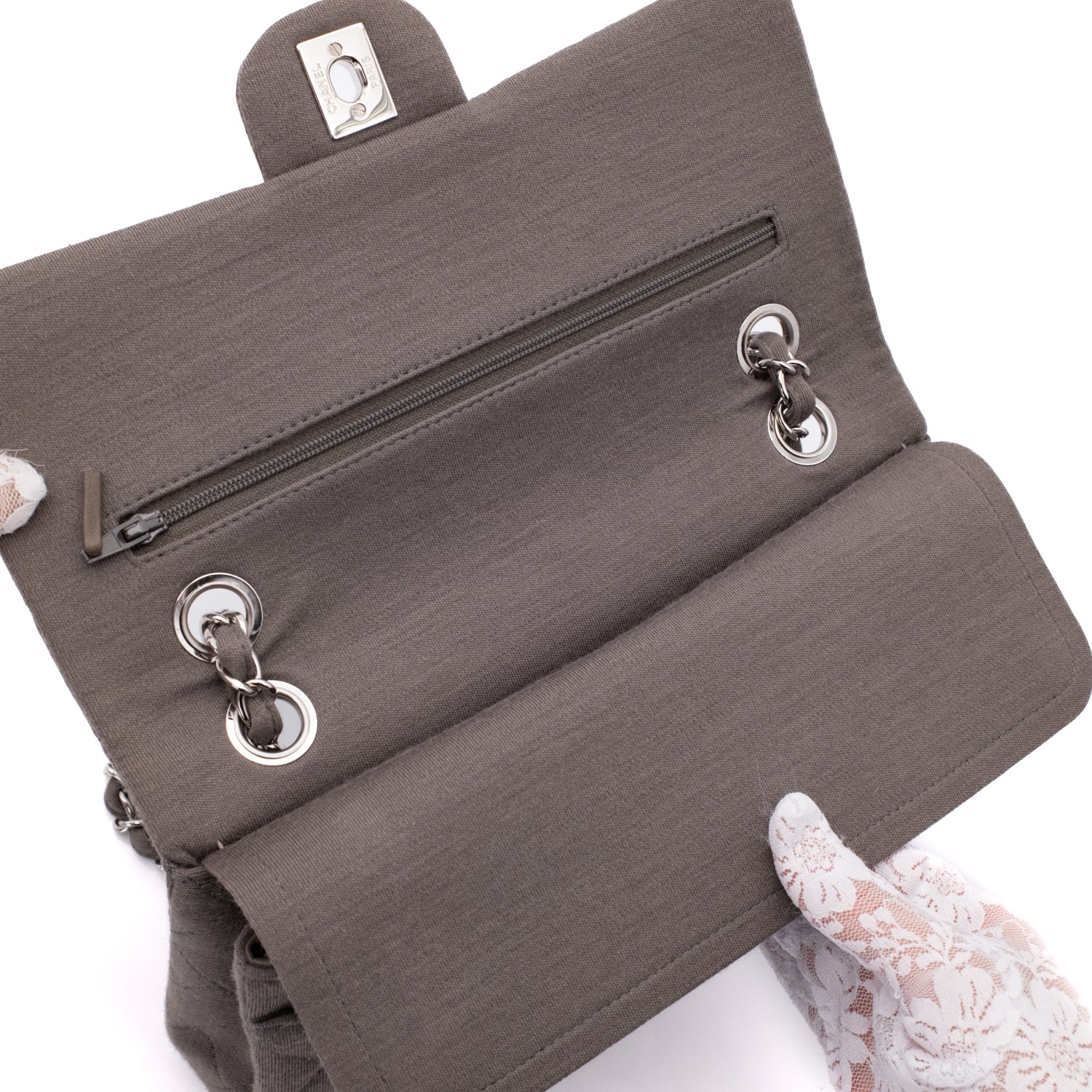 Chanel Classic Double Flap Medium Jersey Taupe Anthrazit PHW