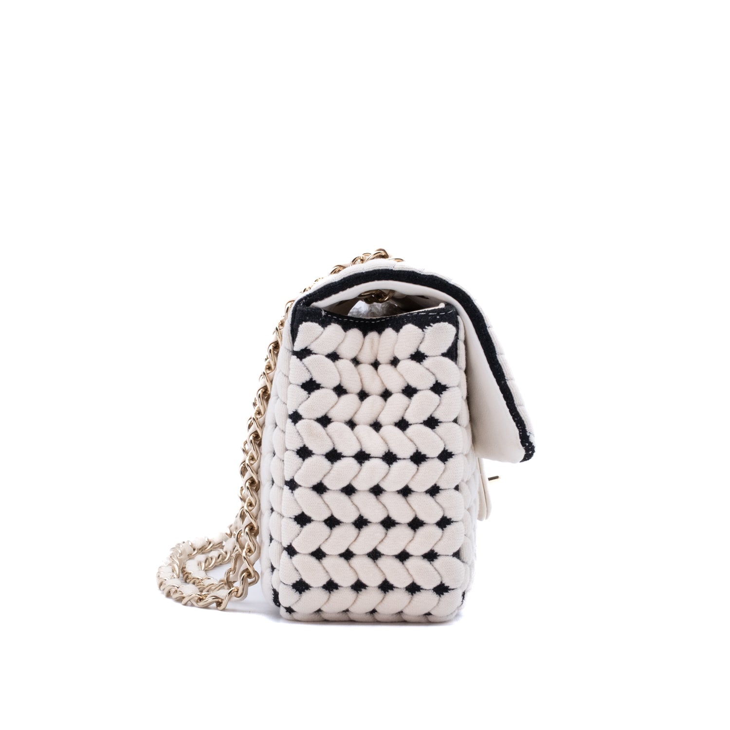 Chanel Classic Single Flap Medium Wolle Schwarz Weiß GHW