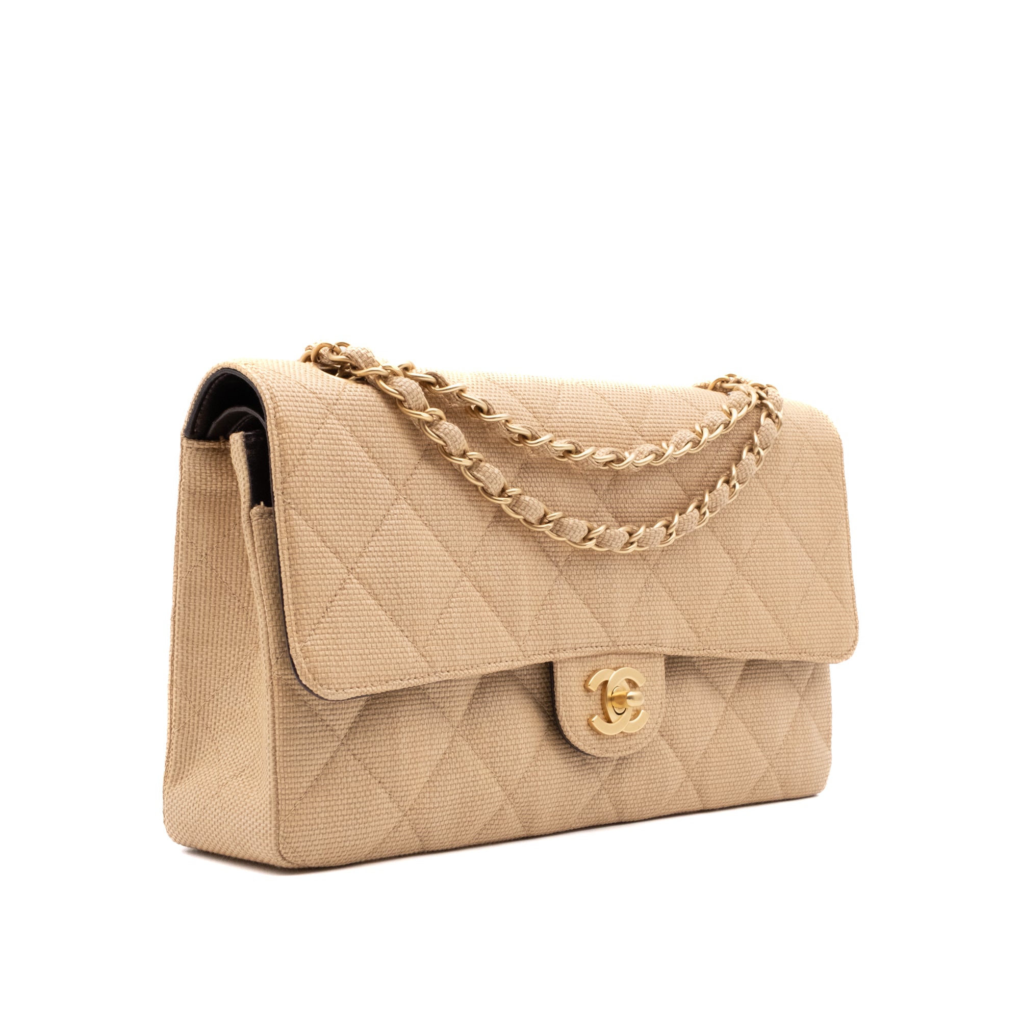 Chanel Classic Double Flap Medium Raffia Stroh Beige GHW