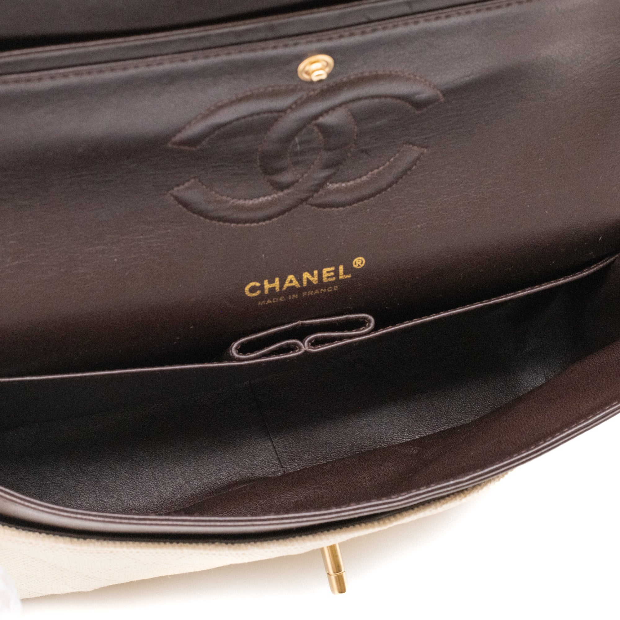 Chanel Classic Double Flap Medium Raffia Stroh Creme GHW