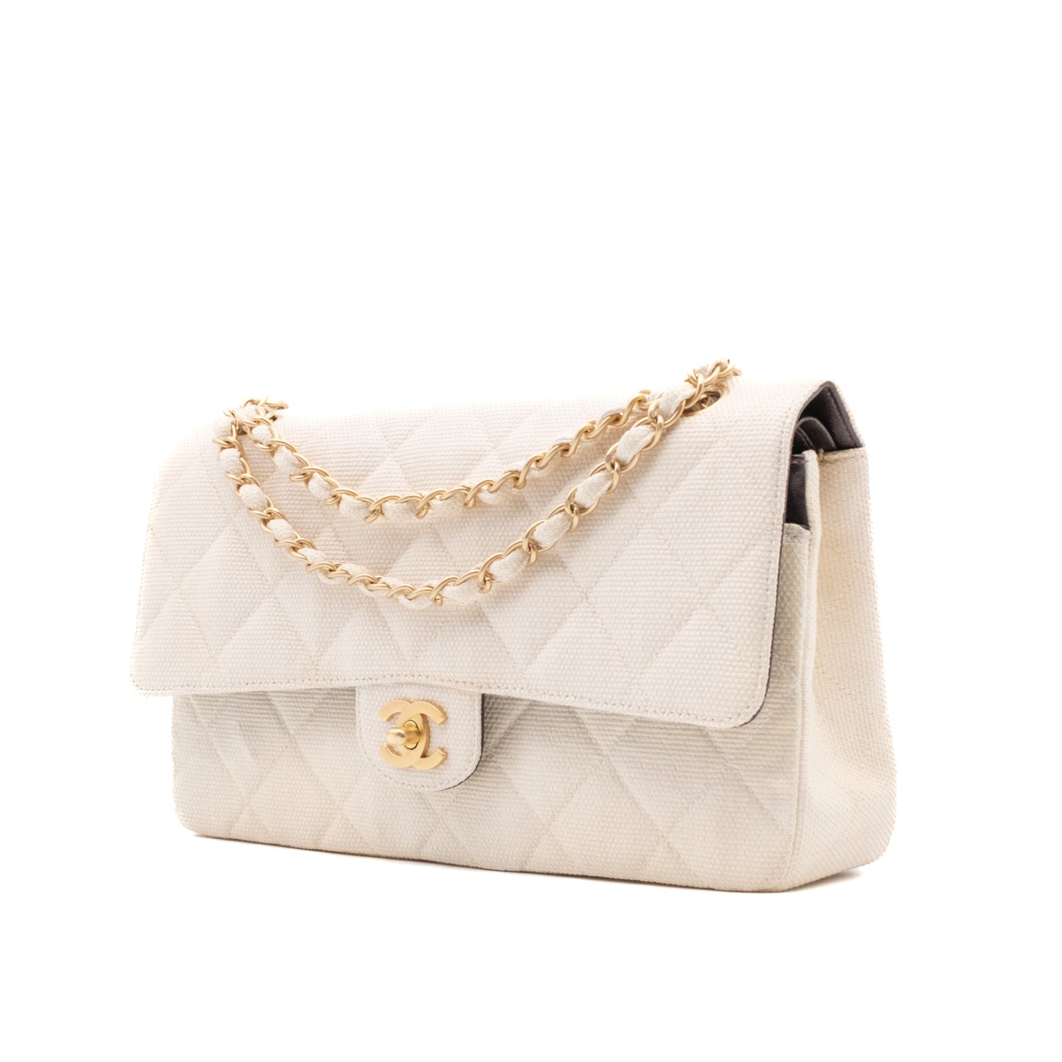 Chanel Classic Double Flap Medium Raffia Stroh Creme GHW