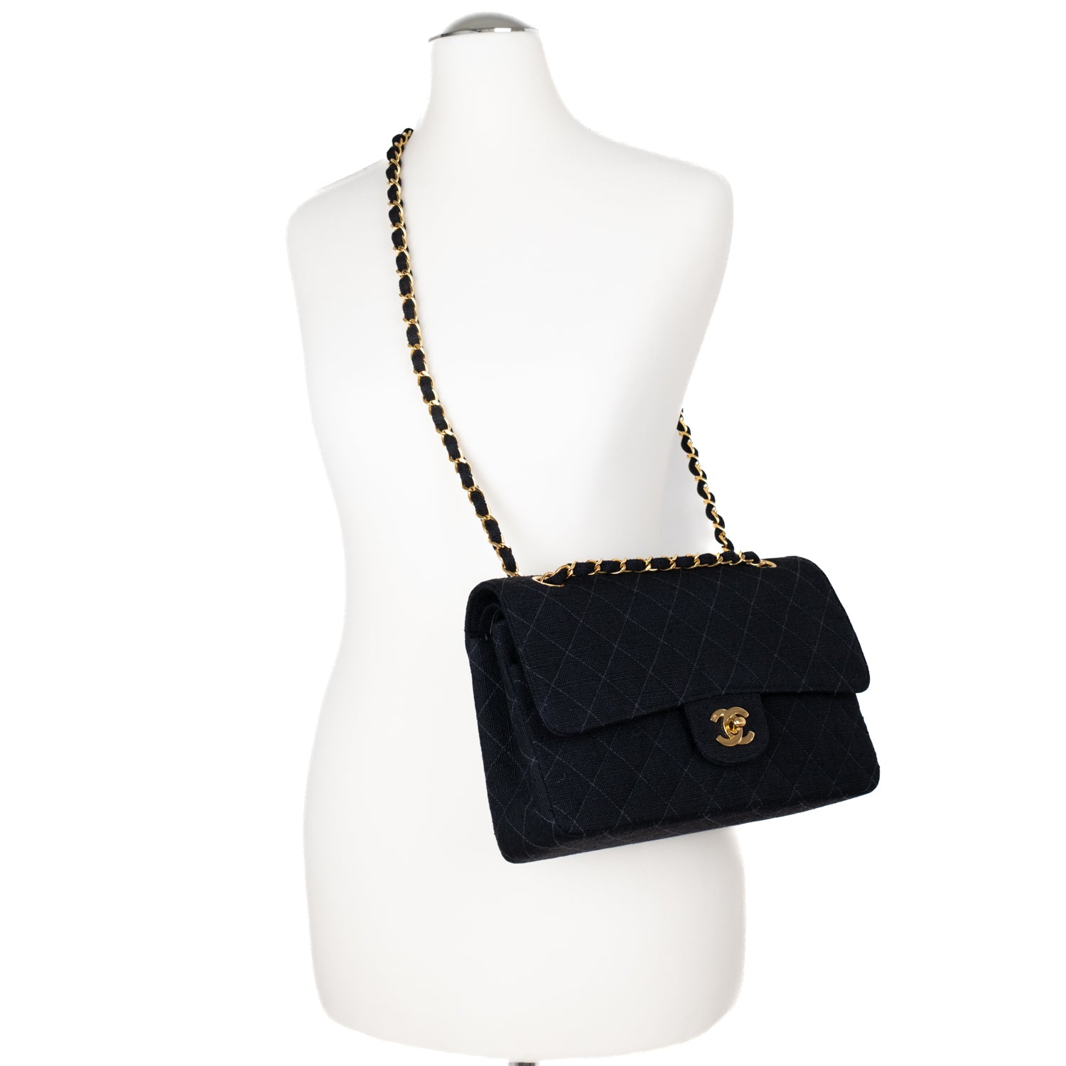 Chanel Classic Double Flap Medium Canvas Leinen Schwarz GHW