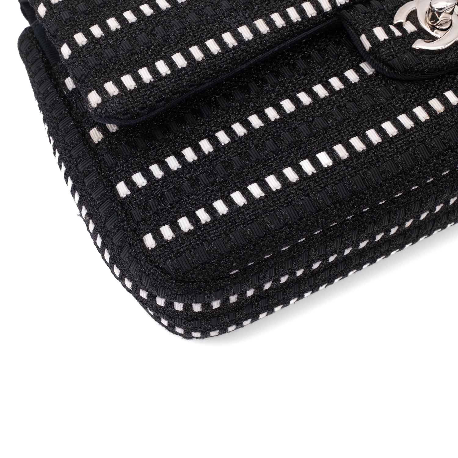 Chanel Classic Double Flap Medium Tweed Ribbon Schwarz/Weiß PHW