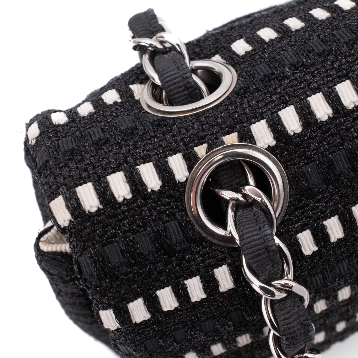 Chanel Classic Double Flap Medium Tweed Ribbon Schwarz/Weiß PHW