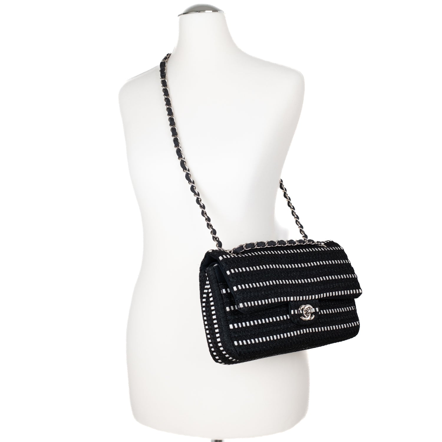 Chanel Classic Double Flap Medium Tweed Ribbon Schwarz/Weiß PHW