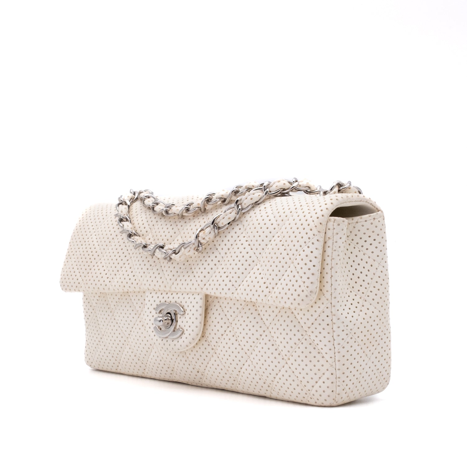Chanel Classic Single Flap East West Medium Perforiertem Lammleder Off-White PHW