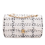 Chanel Classic Single Flap Medium Raffia Stroh Effect Tweed Schwarz Weiß GHW