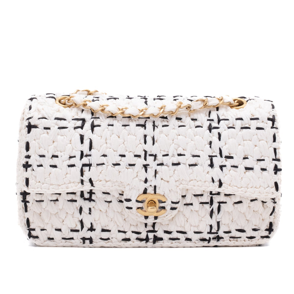 Chanel Classic Single Flap Medium Raffia Stroh Effect Tweed Schwarz Weiß GHW