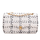 Chanel Classic Single Flap Medium Raffia Stroh Effect Tweed Schwarz Weiß GHW