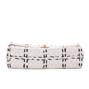 Chanel Classic Single Flap Medium Raffia Stroh Effect Tweed Schwarz Weiß GHW