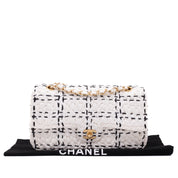 Chanel Classic Single Flap Medium Raffia Stroh Effect Tweed Schwarz Weiß GHW