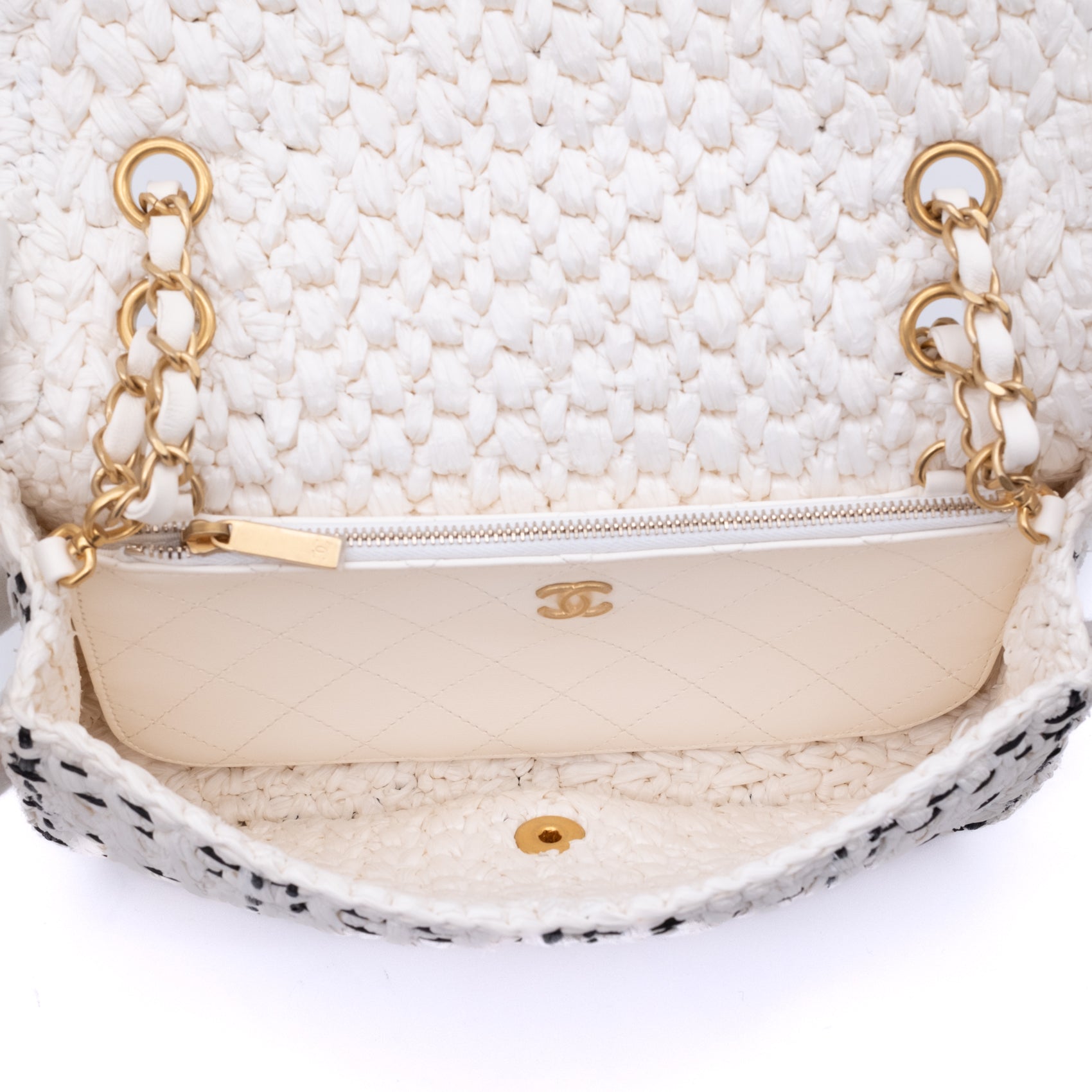 Chanel Classic Single Flap Medium Raffia Stroh Effect Tweed Schwarz Weiß GHW