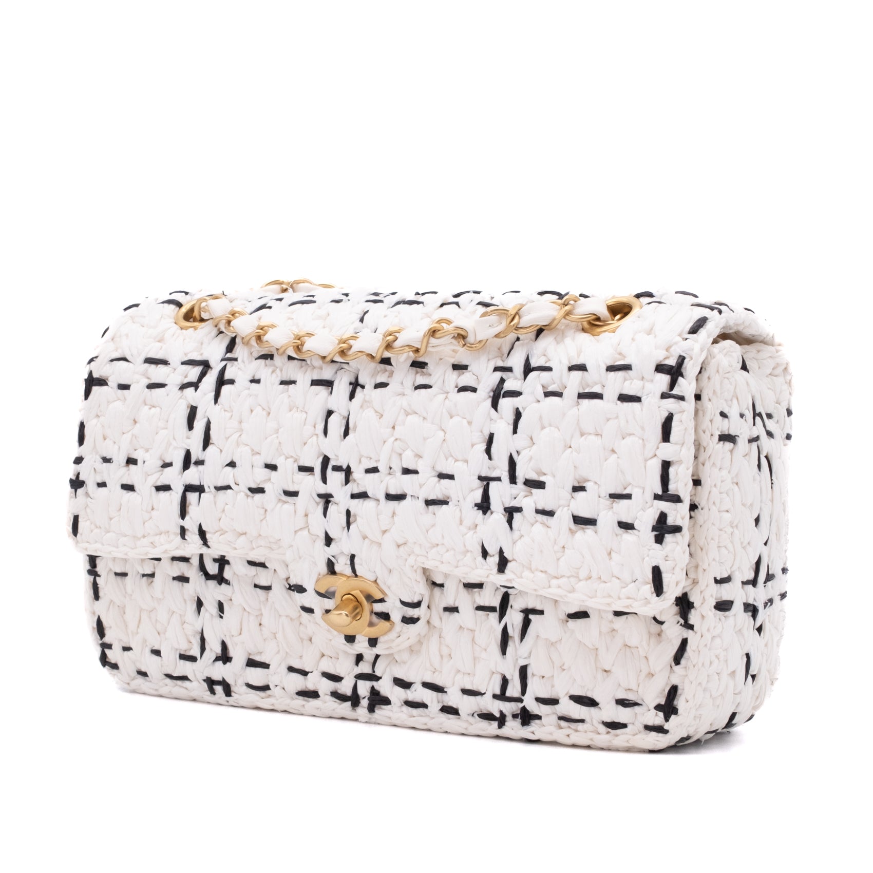Chanel Classic Single Flap Medium Raffia Stroh Effect Tweed Schwarz Weiß GHW