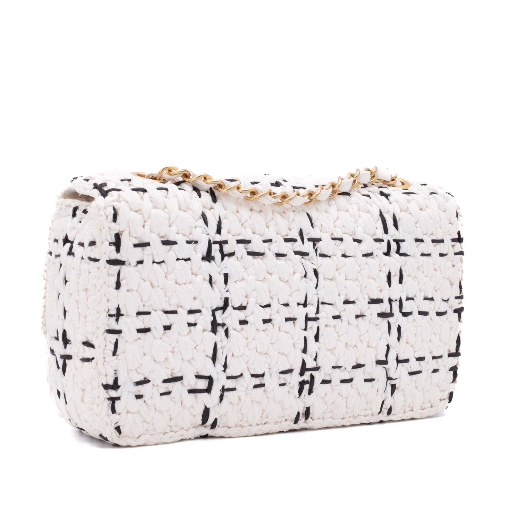 Chanel Classic Single Flap Medium Raffia Stroh Effect Tweed Schwarz Weiß GHW