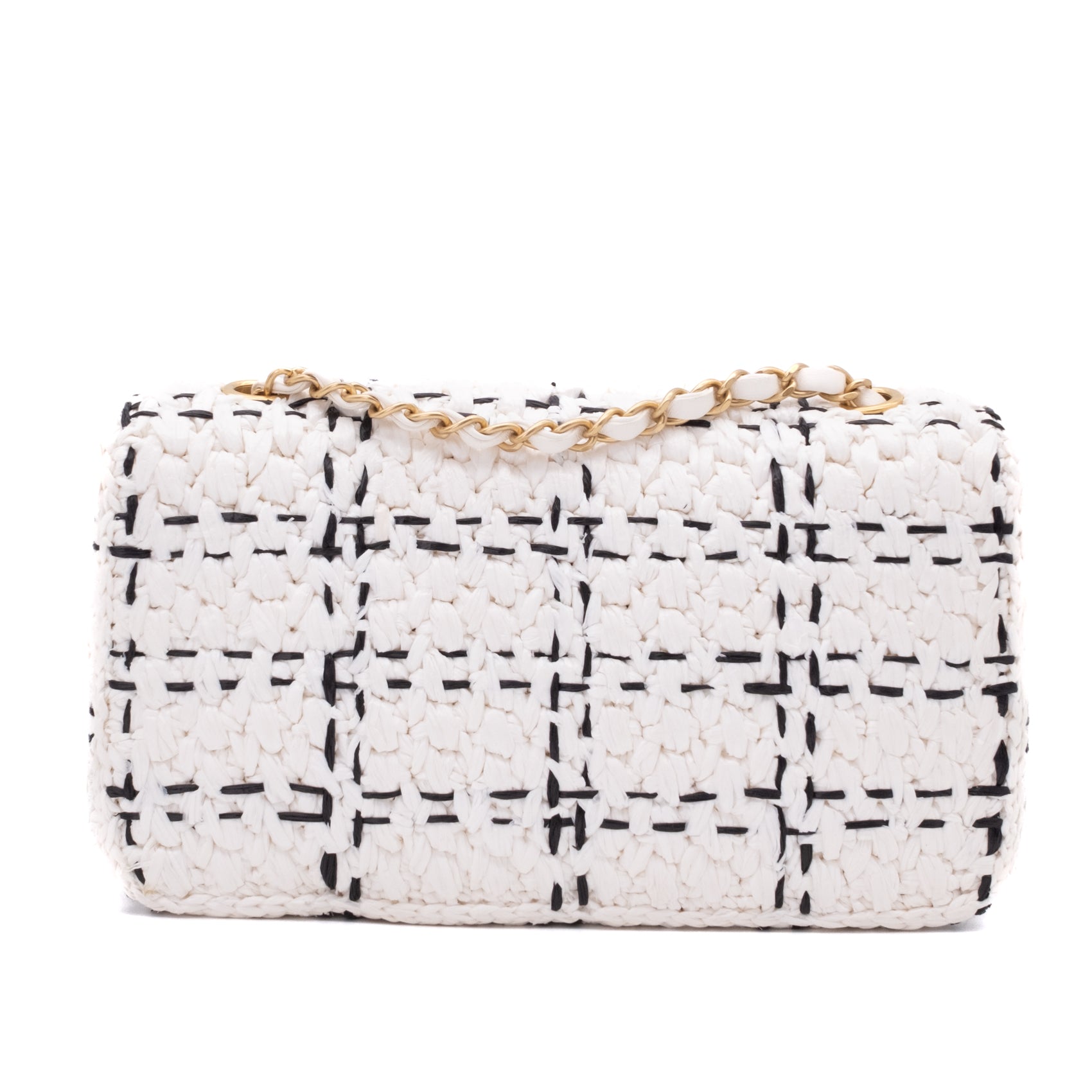 Chanel Classic Single Flap Medium Raffia Stroh Effect Tweed Schwarz Weiß GHW