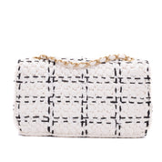 Chanel Classic Single Flap Medium Raffia Stroh Effect Tweed Schwarz Weiß GHW