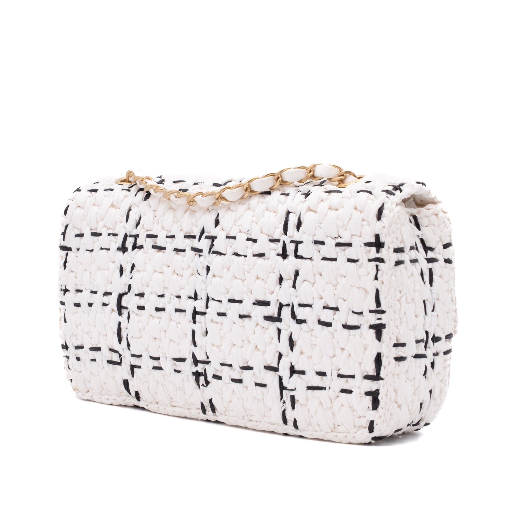Chanel Classic Single Flap Medium Raffia Stroh Effect Tweed Schwarz Weiß GHW