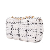 Chanel Classic Single Flap Medium Raffia Stroh Effect Tweed Schwarz Weiß GHW
