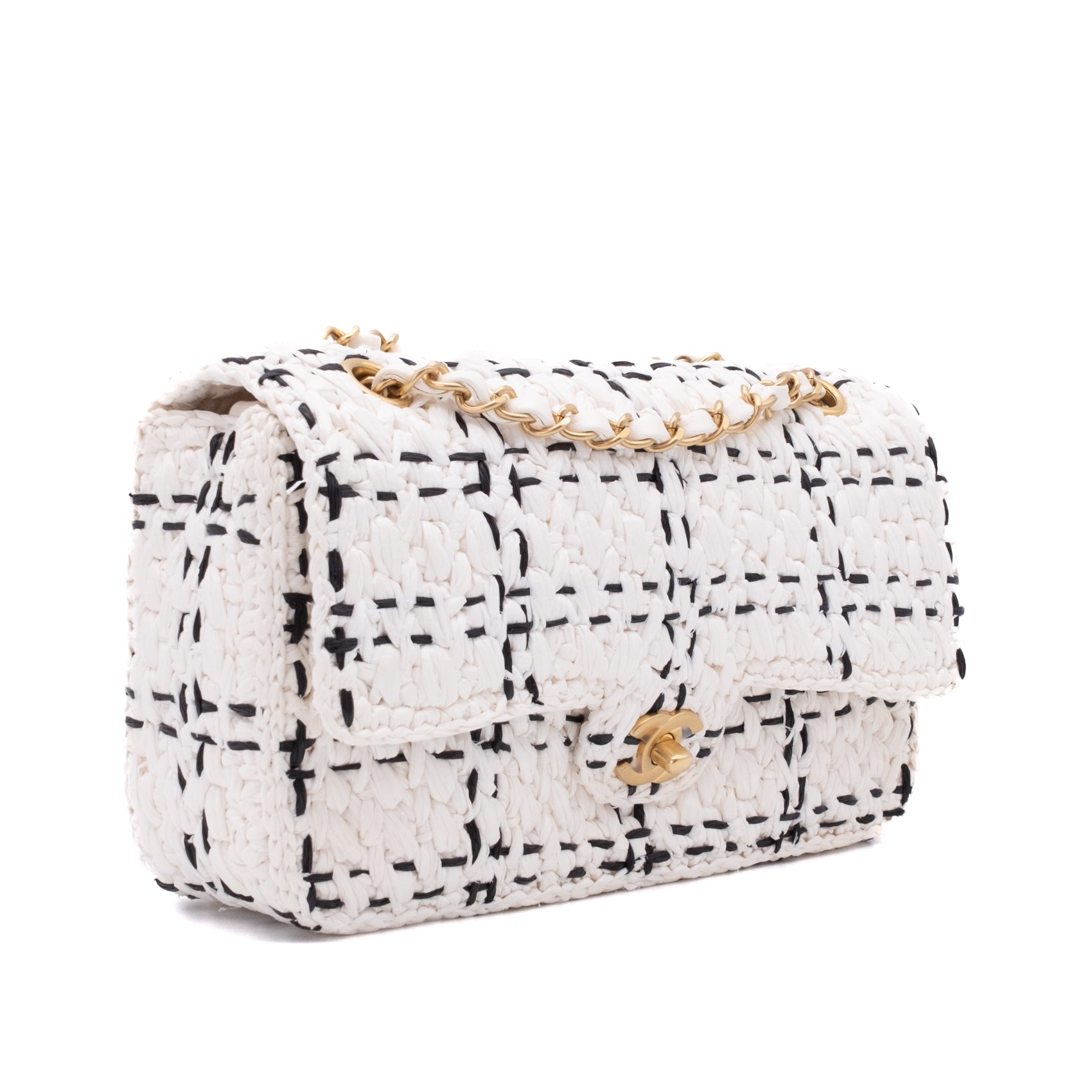 Chanel Classic Single Flap Medium Raffia Stroh Effect Tweed Schwarz Weiß GHW